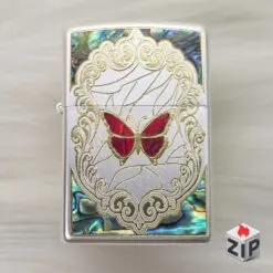 Zippo Khảm Xà Cừ Hoa Hồng Vàng/Bướm Đỏ Satin Chrome