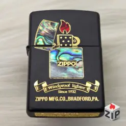 Zippo Khảm Xà Cừ Thân Máy Đen Nhám Black Matte (Logo Lửa)