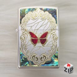Zippo Khảm Xà Cừ Hoa Hồng Vàng/Bướm Đỏ Satin Chrome