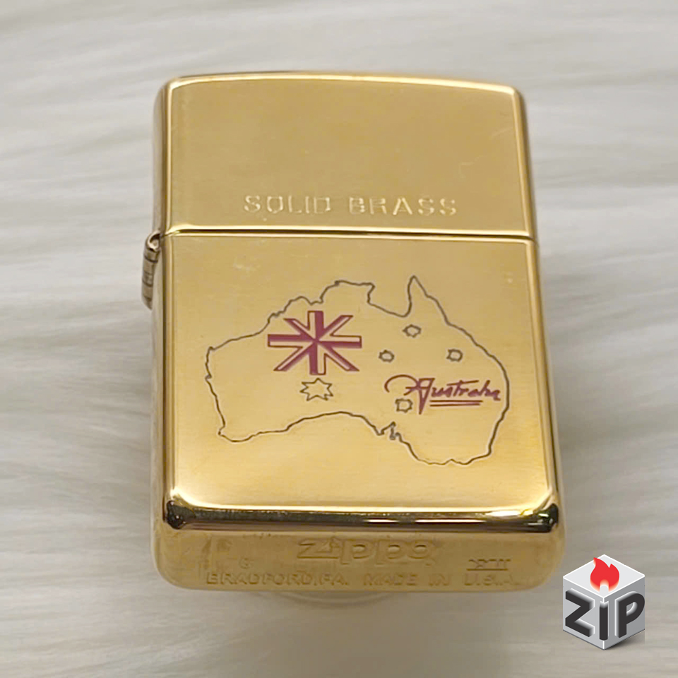 Zippo bản đồ và quốc kỳ úc brass bóng - 12 la mã chính hãng Zippo bản đồ và quốc kỳ úc brass bóng - 12 la mã