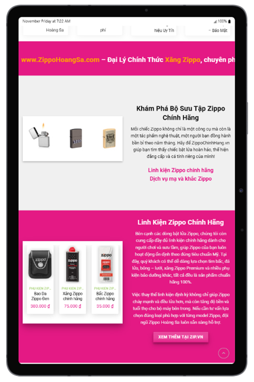 Giao diện trang Zippochinhhang.vn – Trang giới thiệu bật lửa Zippo Mỹ chính hãng thuộc hệ thống Zip.vn